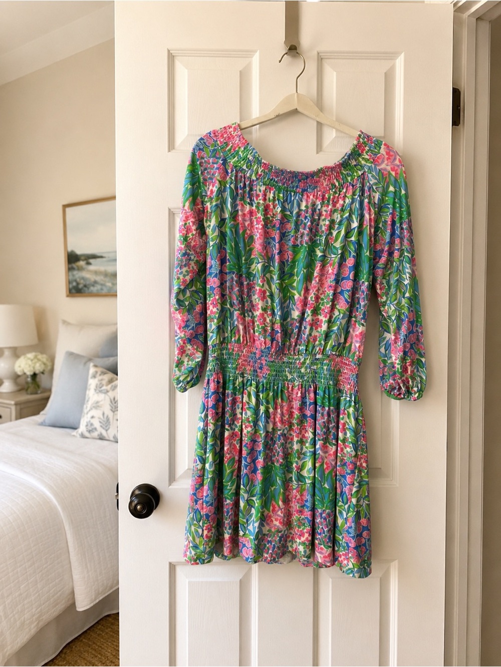 Lilly Pulitzer Floral Smocked Waist Mini Dress in Pink & Green Large